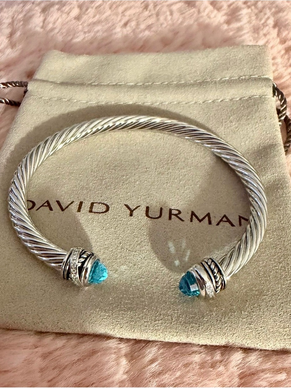 David Yurman Sterling Cable Bracelet with Blue Gemstone Terminals